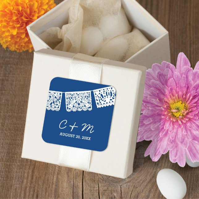 Adesivo Quadrado Papel Picado Marinho Azul | Vinheta-Favor de Casam (Criador carregado)