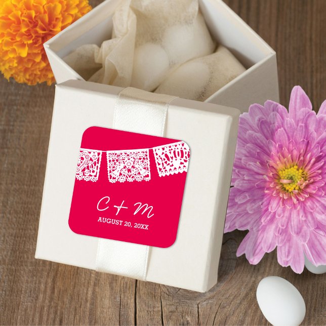 Adesivo Quadrado Papel Picado Rosa Quente | Vinheta-Favor de Casame (Criador carregado)