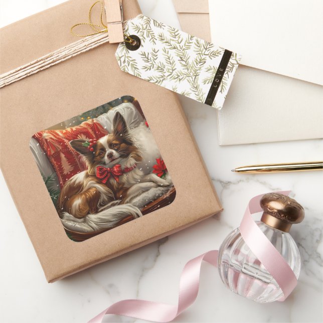 Adesivo Quadrado Papillon Cão Natal Festivo (Presentear)