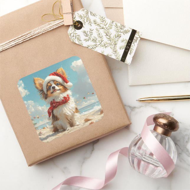 Adesivo Quadrado Papillon Dog Christmas Vintage Beach (Presentear)