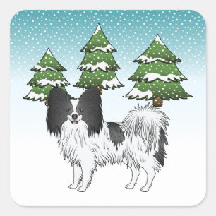 Adesivo Quadrado Papillon Preto e Branco Cachorro Fofo na Floresta