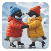 Par de Pinguins no Natal Patinando no Gelo