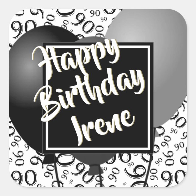 Adesivo Quadrado Parabéns 90 - Padrão de Números Pretos/Branco (Frente)