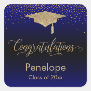 Adesivo Quadrado Parabéns Azul de Graduação de Confetti Dourado