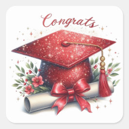 Adesivo Quadrado Parabéns Chapéu de Formatura e Diploma
