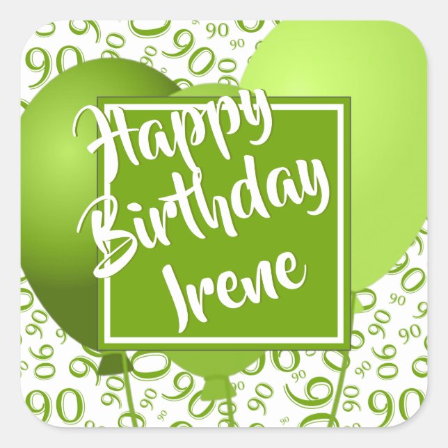 Adesivo Quadrado Parabéns de 90 - Padrão dos Números Verdes 90 (Frente)