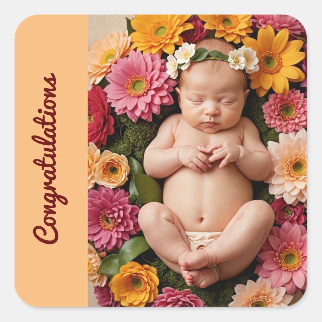 Adesivo Quadrado parabéns de pêssego nova foto de bebê (Frente)