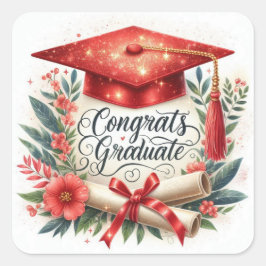 Adesivo Quadrado Parabéns Graduado Diploma e Chapéu de Formatura