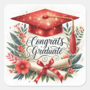 Adesivo Quadrado Parabéns Graduado Diploma e Chapéu de Formatura