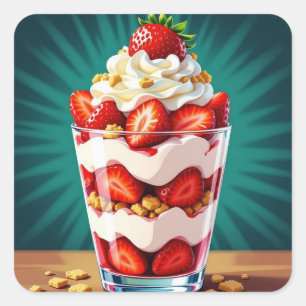 Adesivo Quadrado Parfait de Morango, Granola e Creme Chantilly