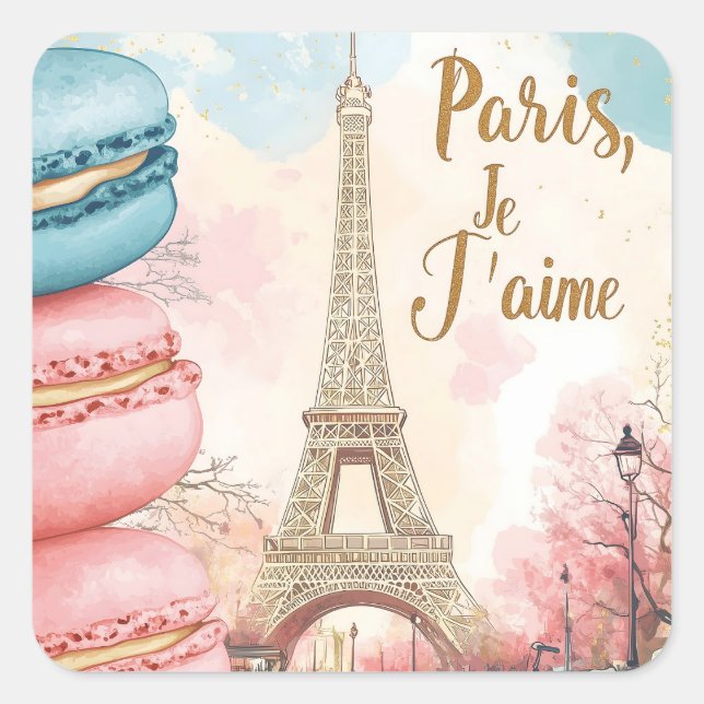 Adesivo Quadrado Paris, Je T'aime - Torre Eiffel com Macarons (Frente)