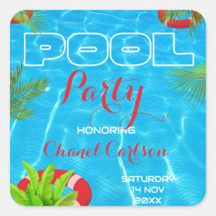 Adesivo Quadrado Partido da Piscina Tropical Aniversário de Verão