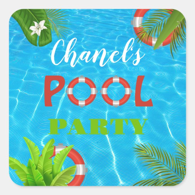 Adesivo Quadrado Partido da Piscina Tropical | Aniversário de Verão (Frente)