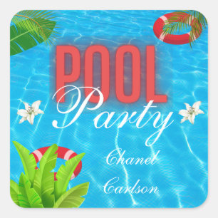 Adesivo Quadrado Partido da Piscina Tropical Aniversário de Verão