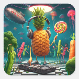 Adesivo Quadrado Partido DJ Pineapple em um surreal Underwater Disc