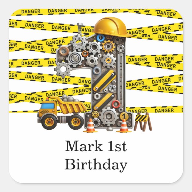 Adesivo Quadrado Partido do primeiro aniversario de Construção (Frente)