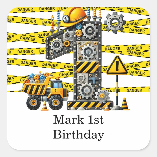 Adesivo Quadrado Partido do primeiro aniversario de Construção (Frente)