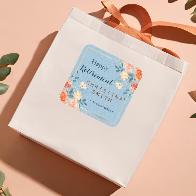 Adesivo Quadrado Partido Moderno Elegante de Aposentação Floral de  (Modern Elegant Floral Watercolor Retirement Party Square Sticker)