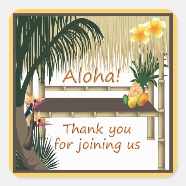 Adesivo Quadrado Partido Tropical Tiki Hut Aloha Favor Sticker (Frente)