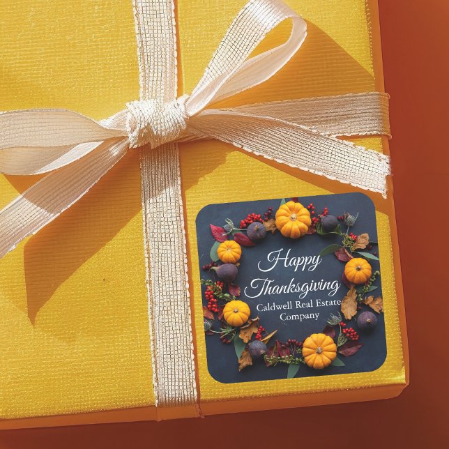 Adesivo Quadrado Partido Wreath de Ação de Graças Feliz das Empresa (Criador carregado)