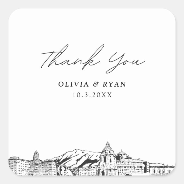 Adesivo Quadrado Pasadena Wedch Landmarks Favor Obrigado (Frente)