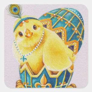 Adesivo Quadrado Páscoa De Bebês Pintinho De Flapper Azul Ovo Art