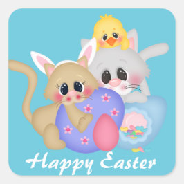 Adesivo Quadrado Páscoa de gatos e Pintinho
