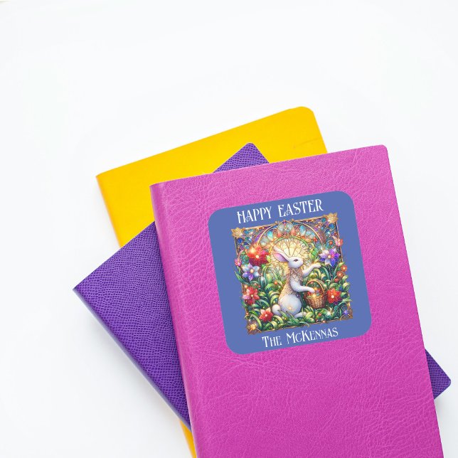 Adesivo Quadrado Páscoa do Jardim Coelho Azul Elegante Nouveau (Criador carregado)