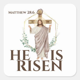 Adesivo Quadrado Páscoa Ele é Risen Jesus Cristo cruz de madeira