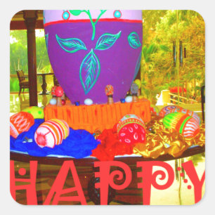 Adesivo Quadrado Páscoa Festiva Joyful Springtime Ovos Coloridos