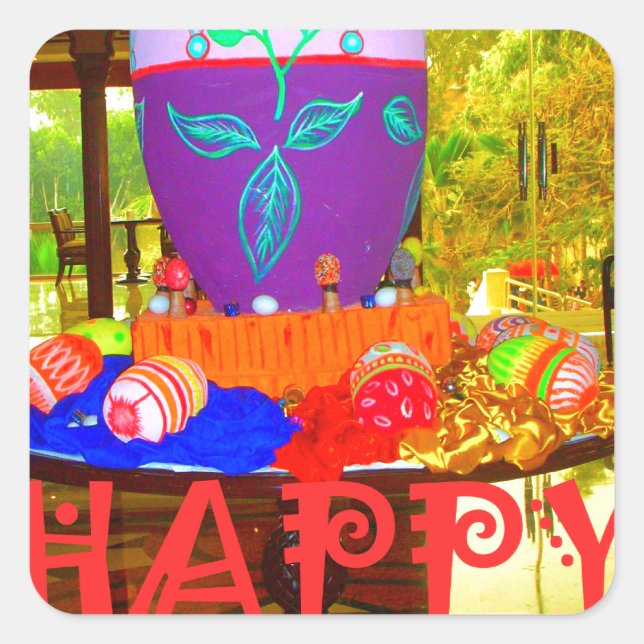 Adesivo Quadrado Páscoa Festiva Joyful Springtime Ovos Coloridos (Frente)