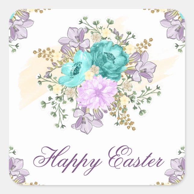 Adesivo Quadrado Páscoa Primavera Floral de Buquê de Aquarela Gorda (Frente)