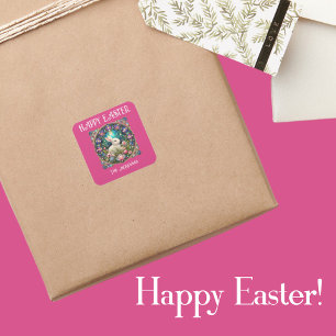 Adesivo Quadrado Páscoa Rosa Bunny Art Nouveau Vidro Estreito