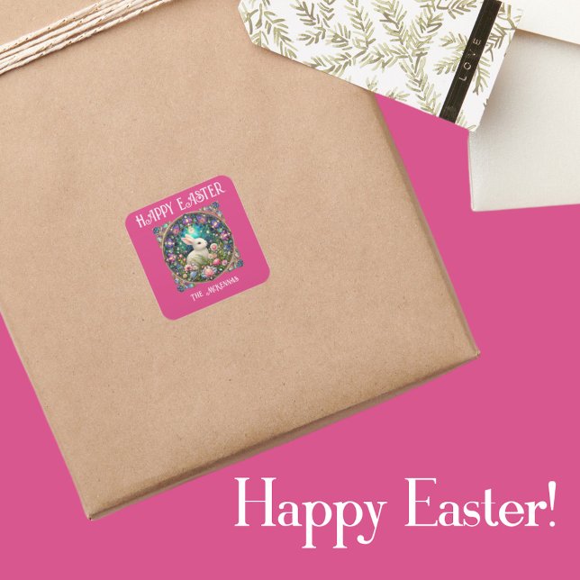 Adesivo Quadrado Páscoa Rosa Bunny Art Nouveau Vidro Estreito (Criador carregado)