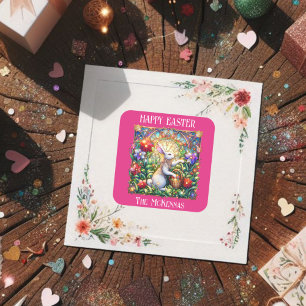 Adesivo Quadrado Páscoa Rosa Elegante Art Nouveau Bunny Garden