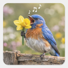 Adesivo Quadrado Pássaro Azul Cantando em um Narciso Amarelo