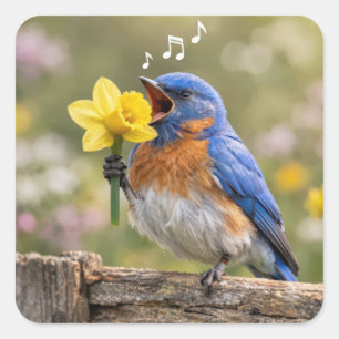Adesivo Quadrado Pássaro Azul Cantando em um Narciso Amarelo