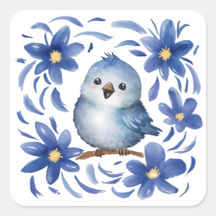 Adesivo Quadrado Pássaro Azul com flores