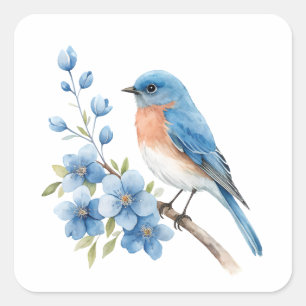 Adesivo Quadrado Pássaro azul com flores azuis