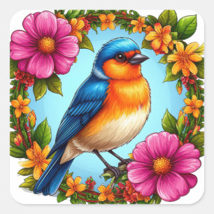 Adesivo Quadrado Pássaro Azul E Flores Para Amantes Da Natureza