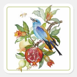 Adesivo Quadrado Pássaro Azul Entre Romãs Aquarela Botânica
