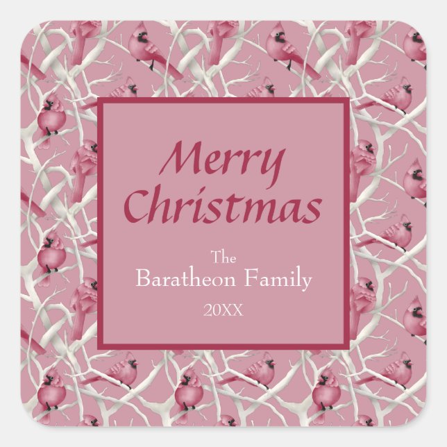 Adesivo Quadrado Pássaro Cardeal Rosa Moderno Feliz Natal (Frente)