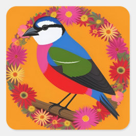 Adesivo Quadrado Pássaro Colorido Empoleirado Entre Flores Vibrante