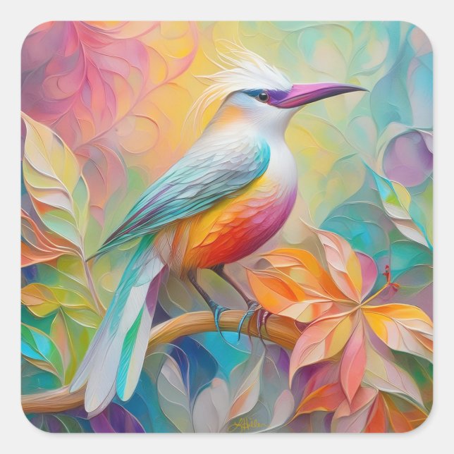 Adesivo Quadrado Pássaro da fantasia vermelho-rosa-bico (Frente)