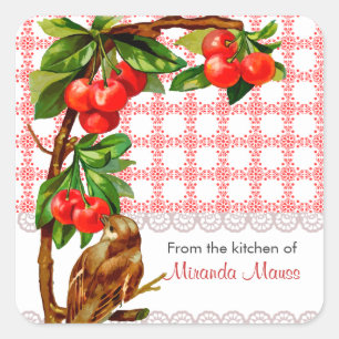 Adesivo Quadrado Pássaro e cerejas personalizados do vintage do