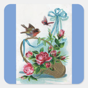 Adesivo Quadrado Pássaro e flores do vintage