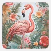 Pássaro Flamingo Rosa Elegante e Flores Tropicais