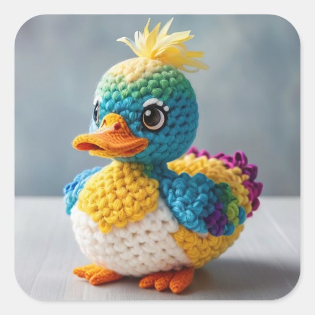 Adesivo Quadrado Pássaro-mestre do Pato Crochetado de Amigurumi Fei (Frente)