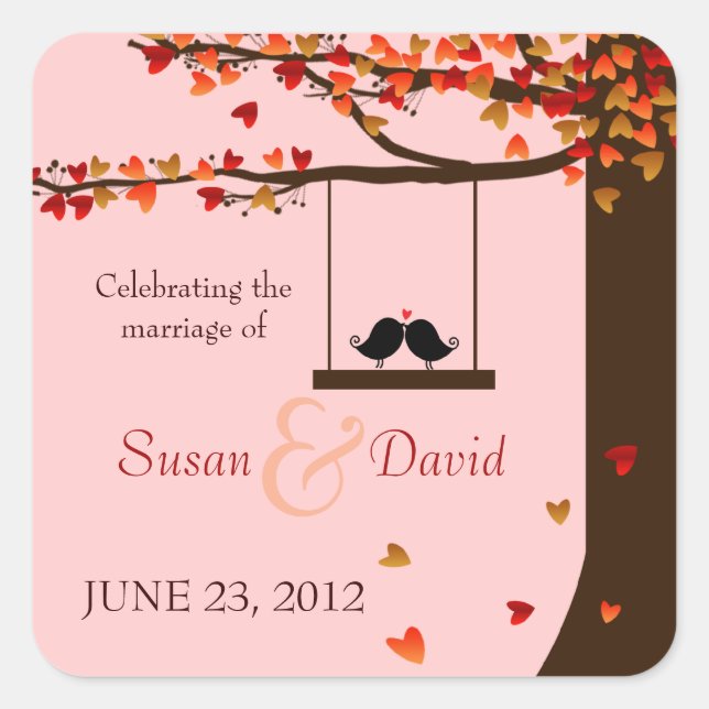 Adesivo Quadrado Pássaros Adoráveis Caindo Corações Carvalho Vedant (Frente)