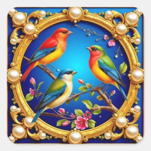 Adesivo Quadrado Pássaros Coloridos em Moldura Dourada Ornamentada